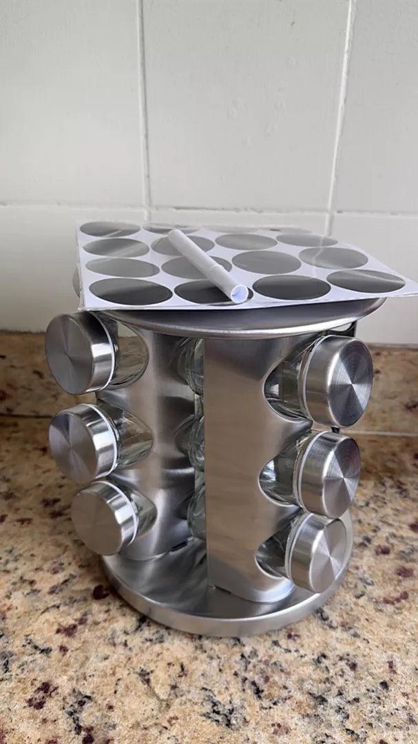 Kit Porta 12 Condimentos Giratório em Vidro e Inox Premium - Ninna Enxovais