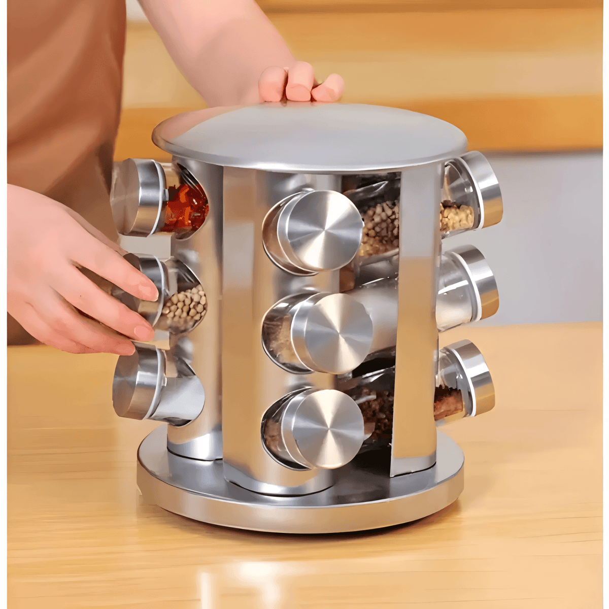 Kit Porta 12 Condimentos Giratório em Vidro e Inox Premium - Ninna Enxovais